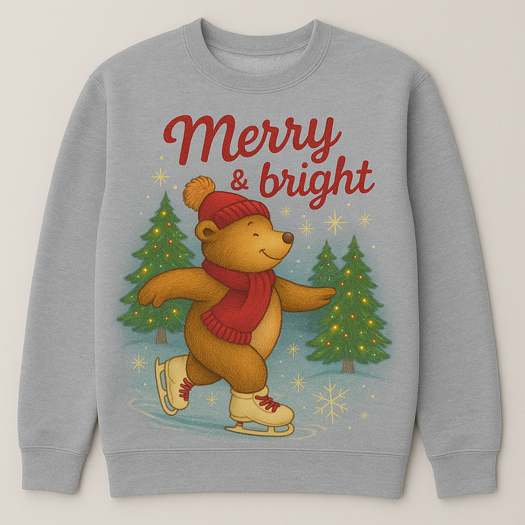 ADULT MERRY & BRIGHT ICE SKATING HOLIDAY BEAR CREWNECK SWEATSHIRT
