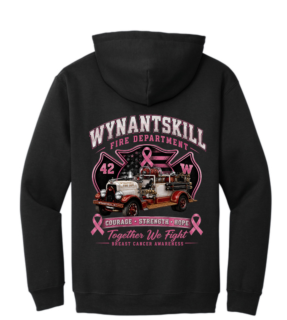 ADULT Wynantskill Fire Department Breast Cancer Awareness Hooded Sweatshirt (firetruck back)