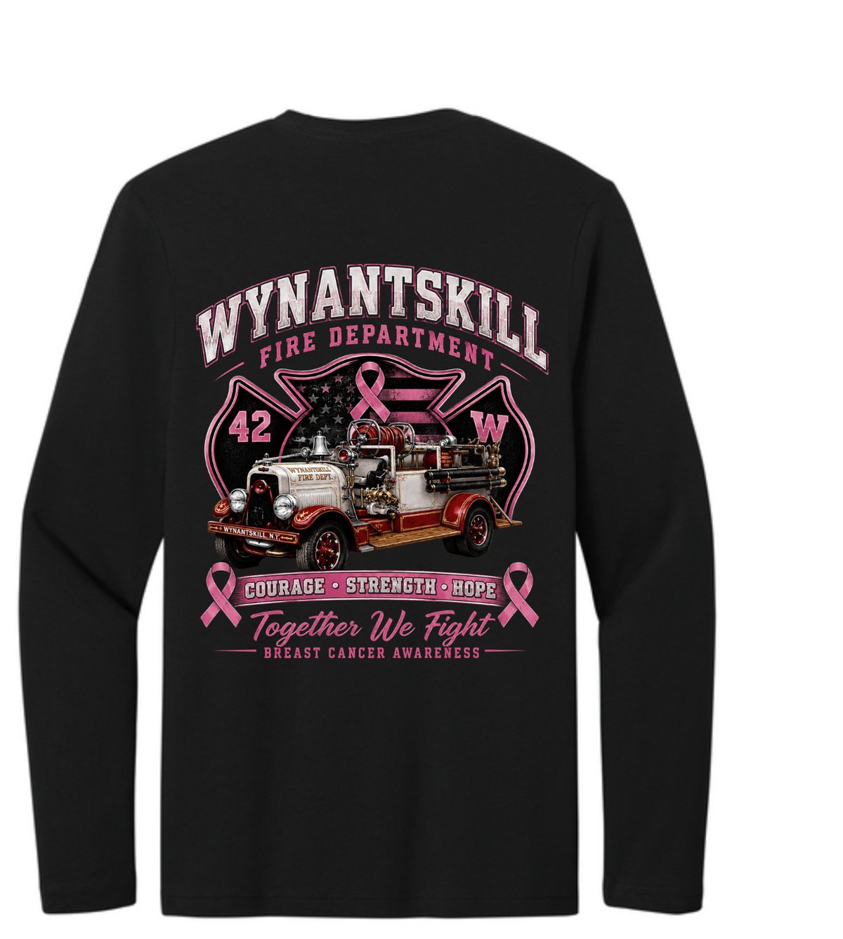 ADULT Wynantskill Fire Department Breast Cancer Awareness long sleeve shirt firetruck back)