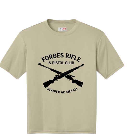 FORBES RIFLE & PISTOL CLUB MOISTURE WICKING T SHIRT LARGE FRONT DESIGN