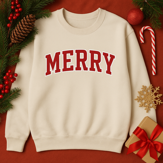 ADULT CREWNECK SWEATSHIRT "MERRY" IN CRANBERRY RED WITH WHITE OUTLINE