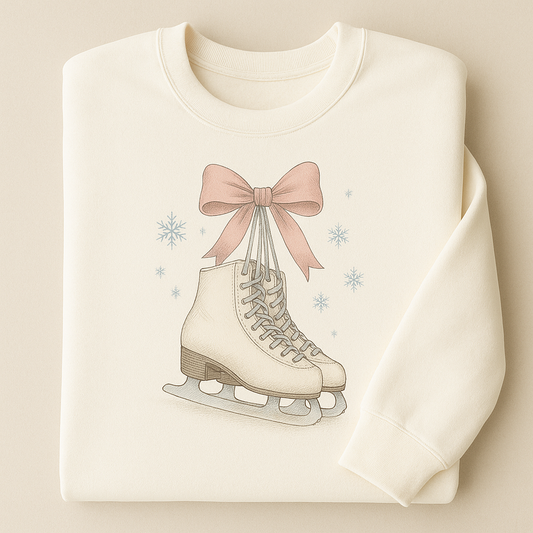 ADULT IVORY ICE SKATES WITH BOW CREWNECK SWEATSHIRT
