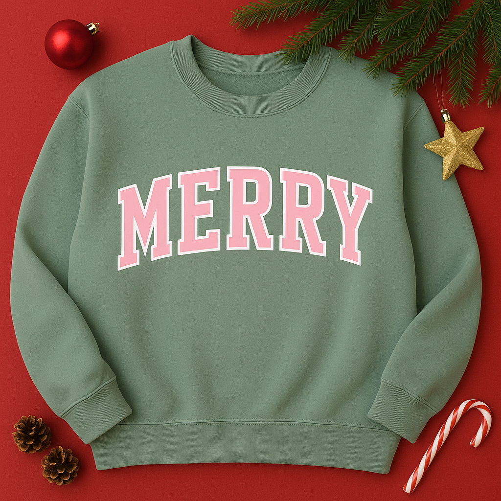 ADULT CREWNECK SWEATSHIRT, "MERRY" in pink with white outline