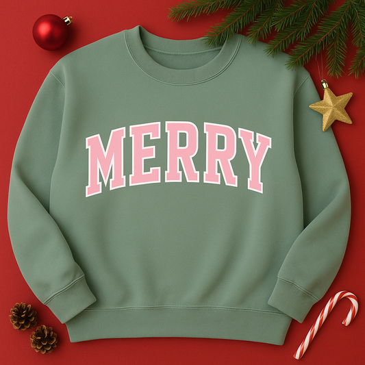 ADULT CREWNECK SWEATSHIRT, "MERRY" in pink with white outline