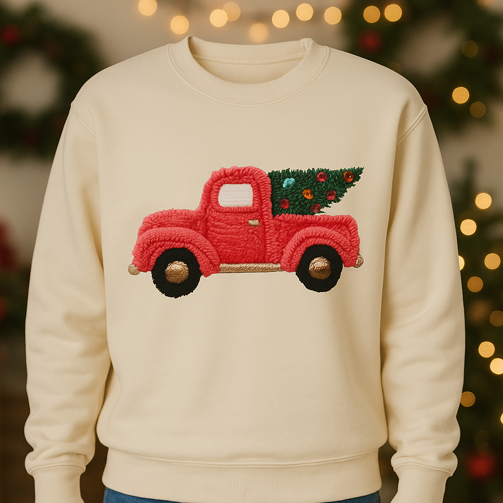 ADULT FAUX PINK PICK UP TRUCK WITH CHRISTMAS TREE CREWNECK SWEATSHIRT