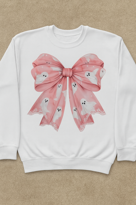 ADULT Bella Canvas Halloween Pink Ghost Bow Crewneck Sweatshirt