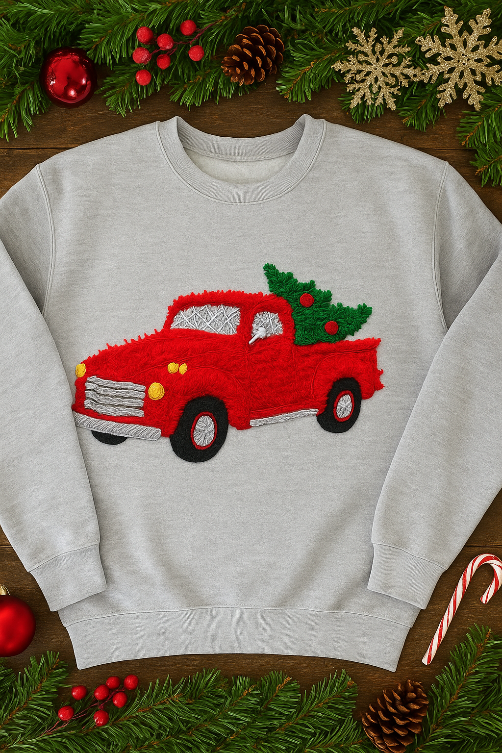 ADULT FAUX YARN RED PICK UP TRUCK WITH CHRISTMAS TREE CREWNECK SWEATSHIRT