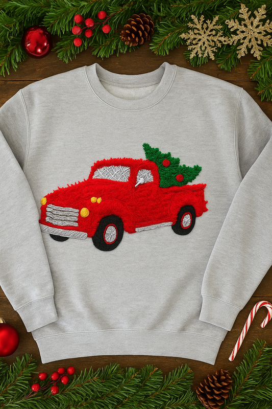 ADULT FAUX YARN RED PICK UP TRUCK WITH CHRISTMAS TREE CREWNECK SWEATSHIRT